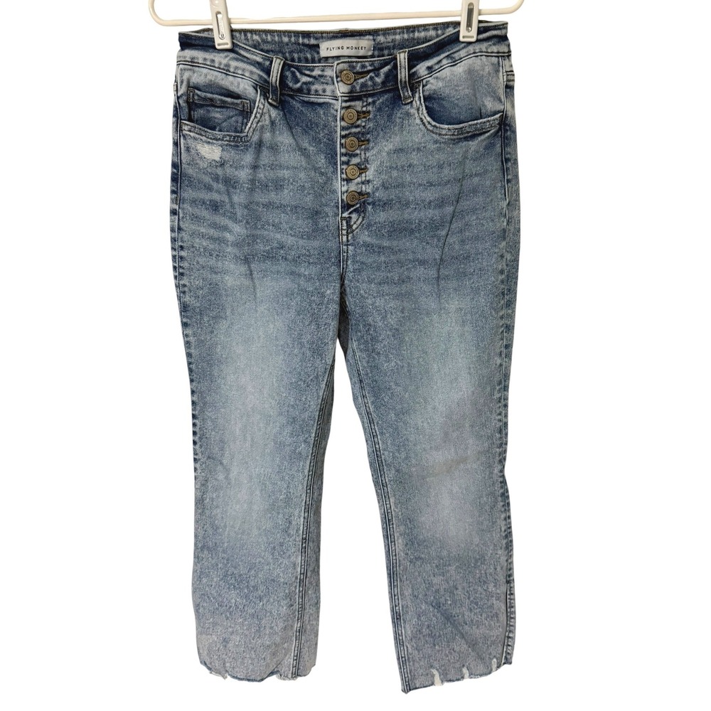 Flying Monkey Womens High Rise Button Fly Acid Wash Raw Hem Jeans Size 30